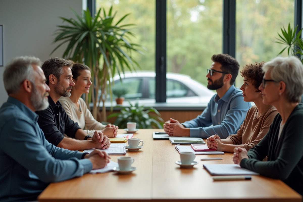 Equipe multiculturelle en réunion dans un centre communautaire