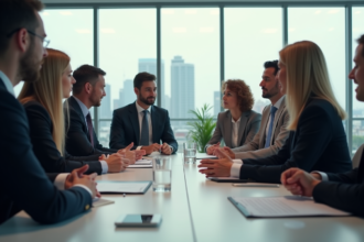 Groupe de professionnels en réunion avec skyline urbain