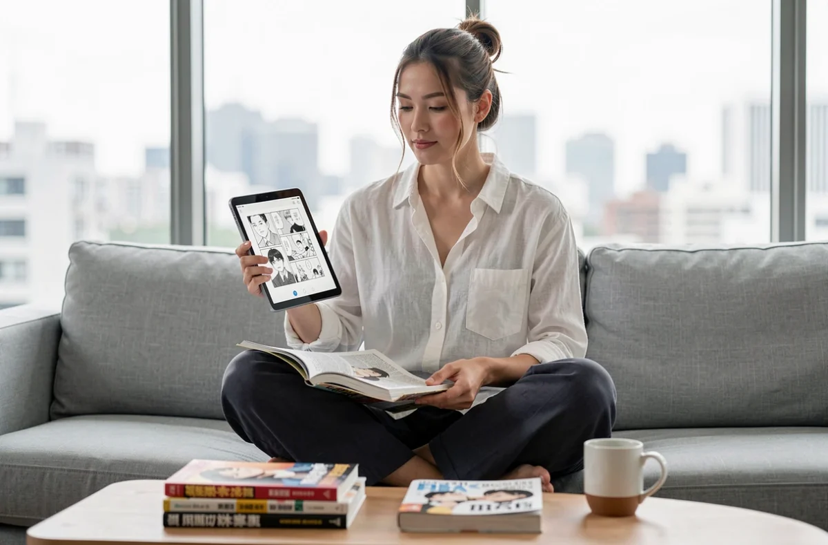 Femme comparant un scan numérique de manga sur tablette avec un volume physique en version originale japonaise dans un appartement moderne