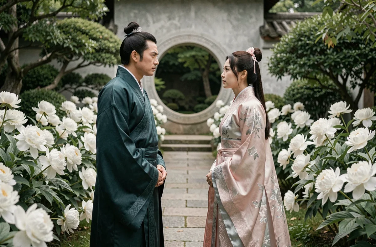 Scène de confrontation entre deux personnages en costumes historiques chinois dans un jardin traditionnel avec pivoine et porte lune