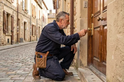 Serrurier d'urgence intervenant devant une porte résidentielle dans une rue pavée de l'Allier
