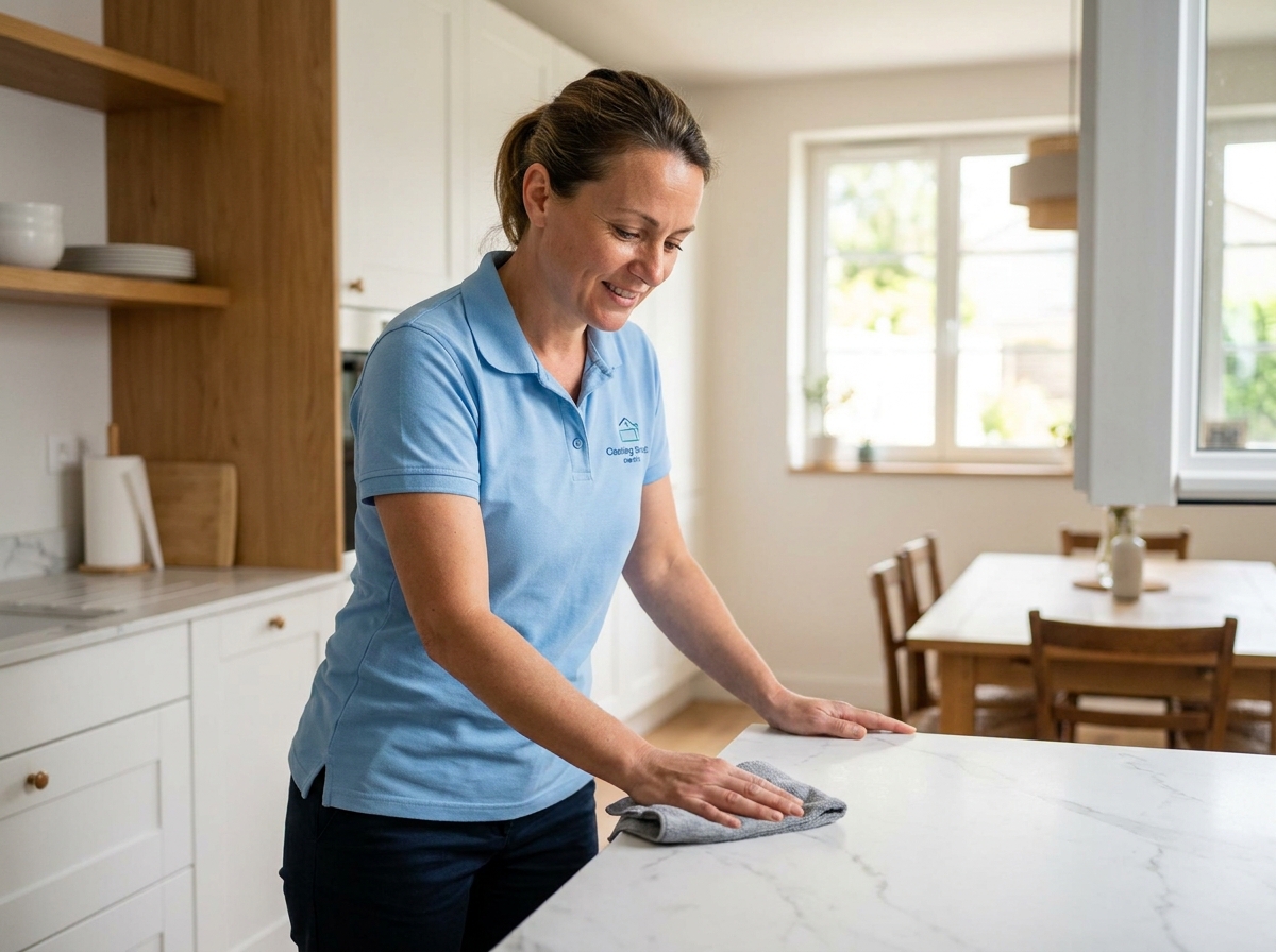 Employée de service à domicile en uniforme bleu nettoyant le plan de travail d'une cuisine moderne dans une maison de Brie-Comte-Robert
