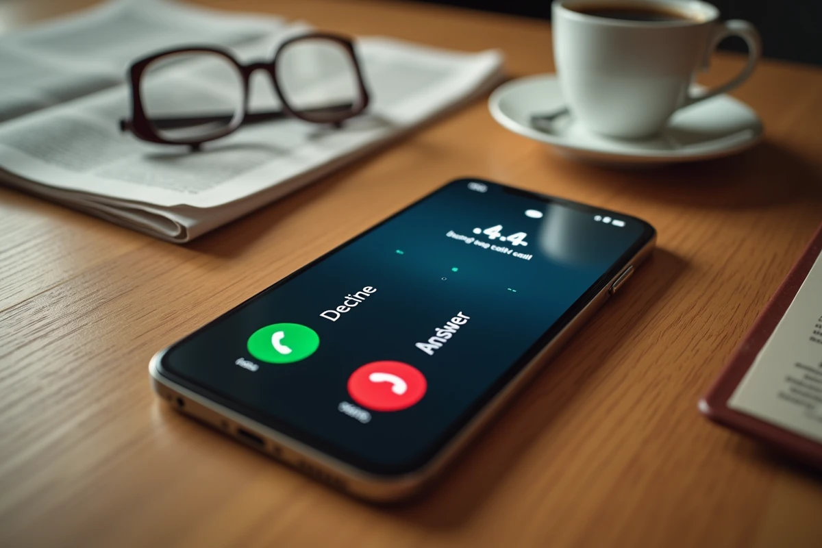 Smartphone posé sur une table affichant un appel entrant avec indicatif international 44 non reconnu