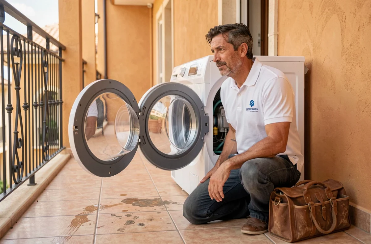 Technicien de la Société Vecchi réparant un lave-linge dans un couloir d'appartement à Nice avec décoration méditerranéenne