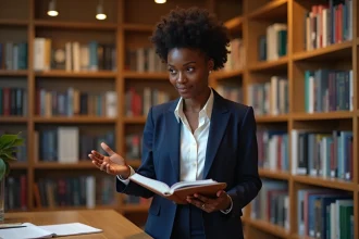 Sociologue universitaire analysant des théories sociales dans une bibliothèque académique, illustrant le débat scientifique autour de la définition du mouvement woke