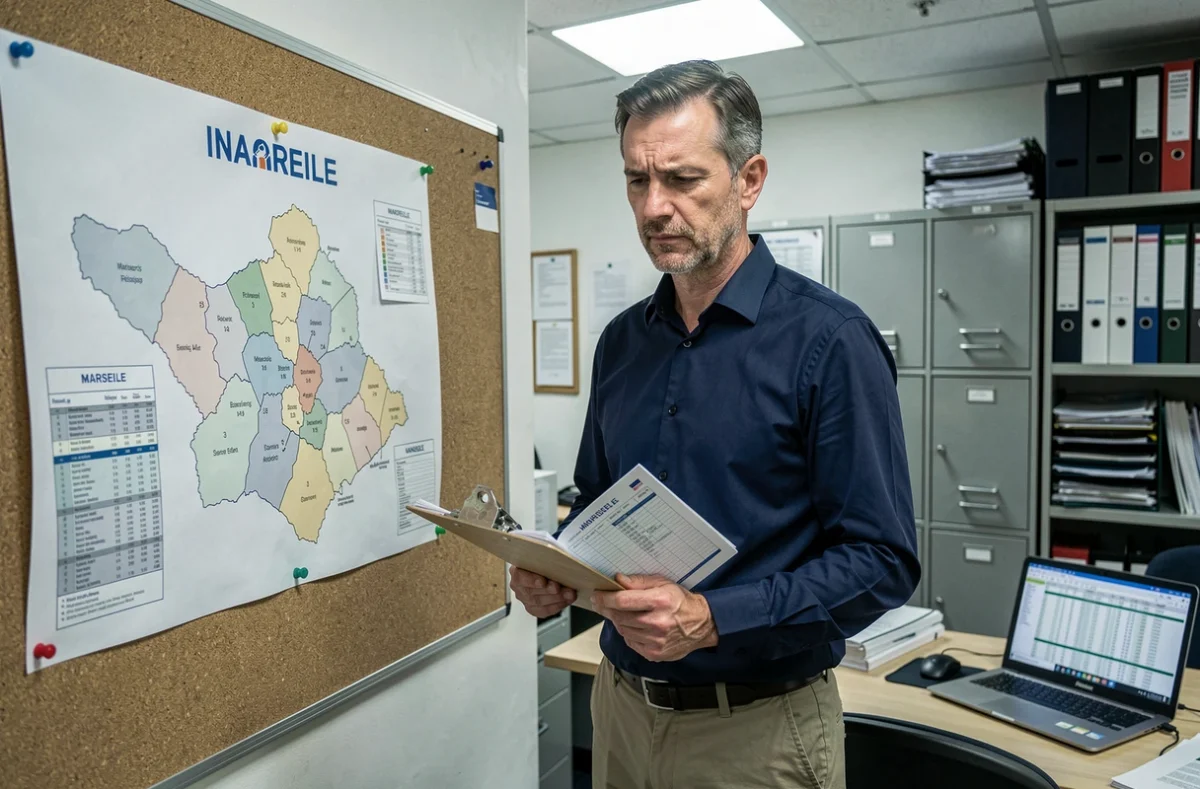 Statisticien de l'INSEE analysant une carte démographique de Marseille dans un bureau administratif