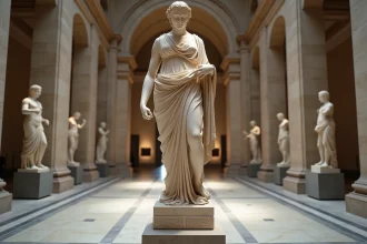 Statue de marbre blanc d'une déesse grecque exposée dans un musée néoclassique aux colonnes de pierre