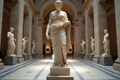 Statue de marbre blanc d'une déesse grecque exposée dans un musée néoclassique aux colonnes de pierre