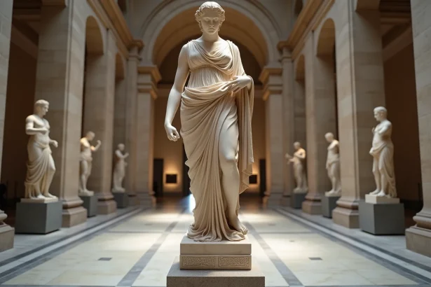 Statue de marbre blanc d'une déesse grecque exposée dans un musée néoclassique aux colonnes de pierre