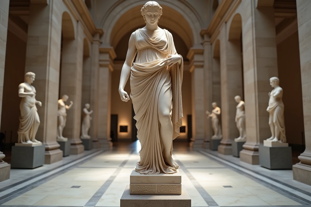 Statue de marbre blanc d'une déesse grecque exposée dans un musée néoclassique aux colonnes de pierre