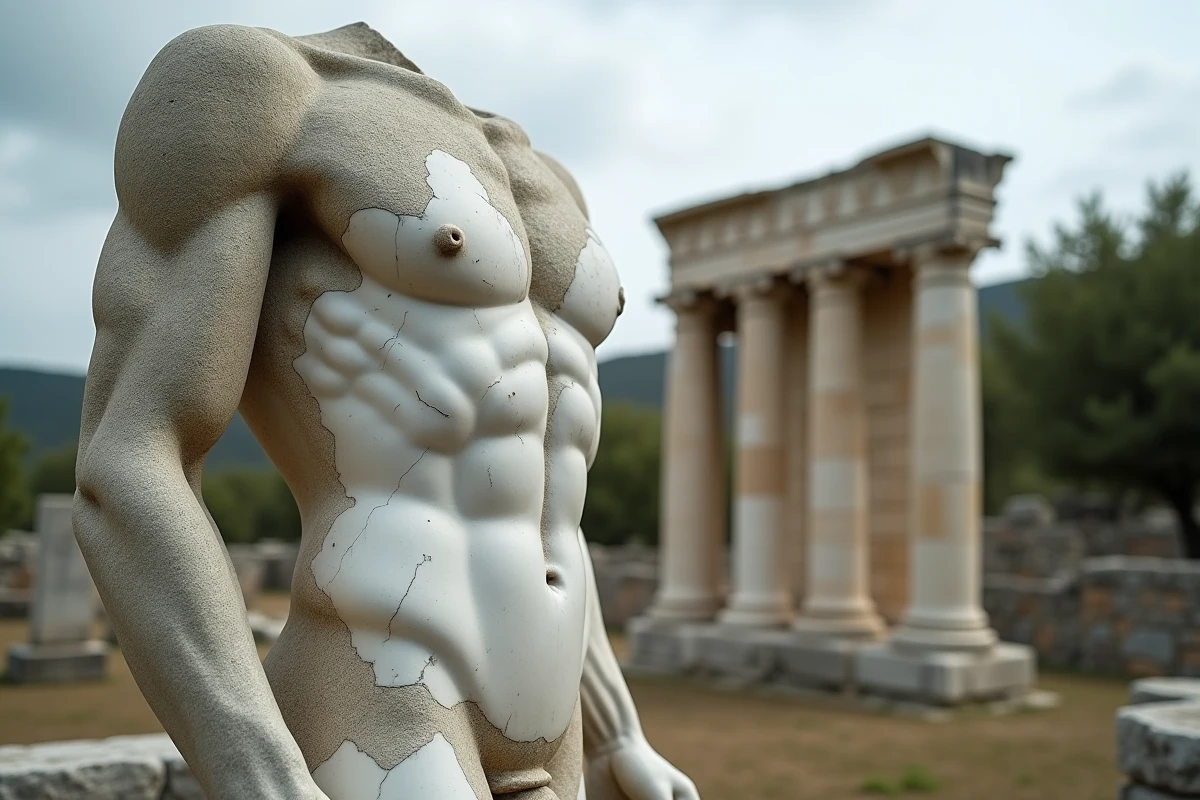 Fragment de statue en marbre de Prométhée exposé dans un jardin de sculptures antiques grecques