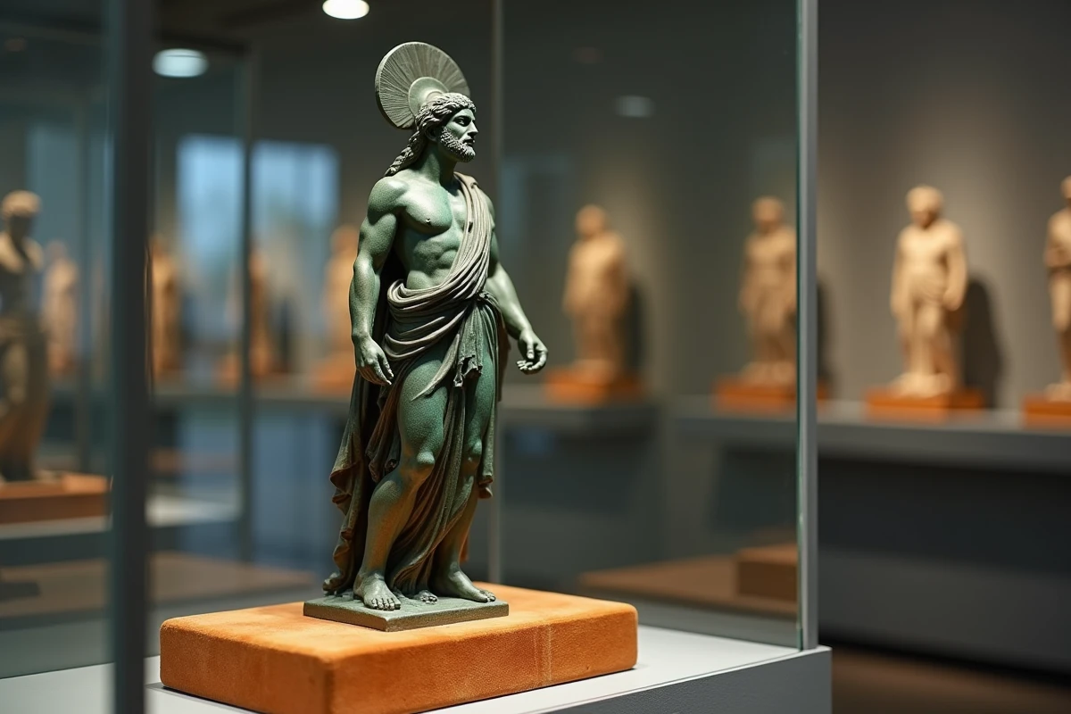 Statuette en bronze antique du dieu solaire Hélios avec patine verdigris exposée dans un musée d'antiquités grecques