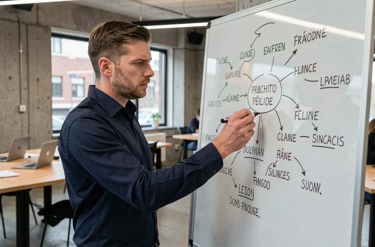 Homme debout devant un tableau blanc traçant une carte mentale de clusters sémantiques pour optimiser un score Cemantix dans un espace de coworking