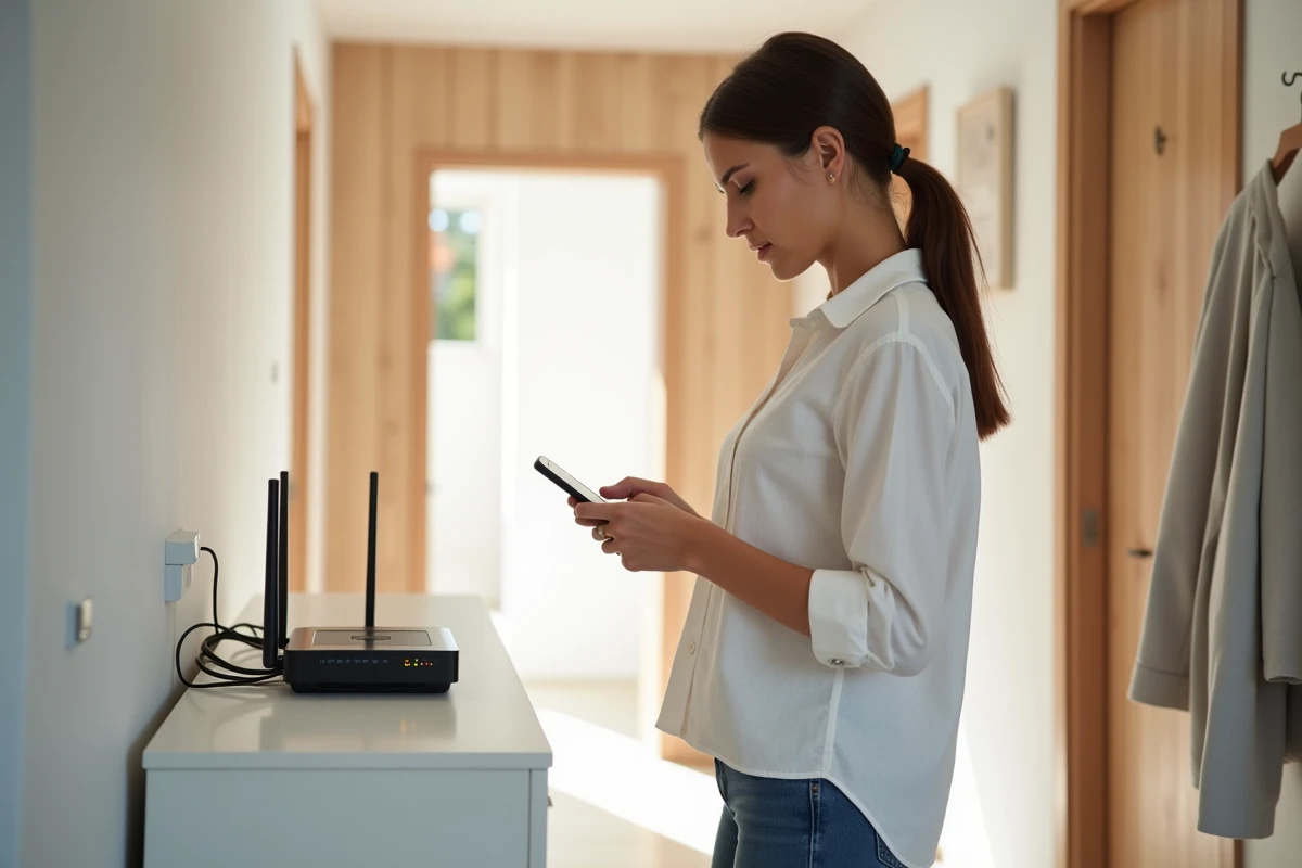Femme vérifiant le suivi de sa connexion fibre Sosh sur smartphone à côté de son routeur à domicile