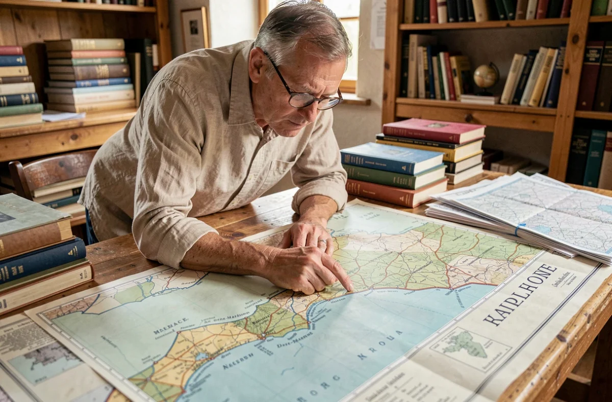 Cartographe étudiant une carte topographique détaillée de la Normandie pour analyser la superficie et les limites géographiques de la région