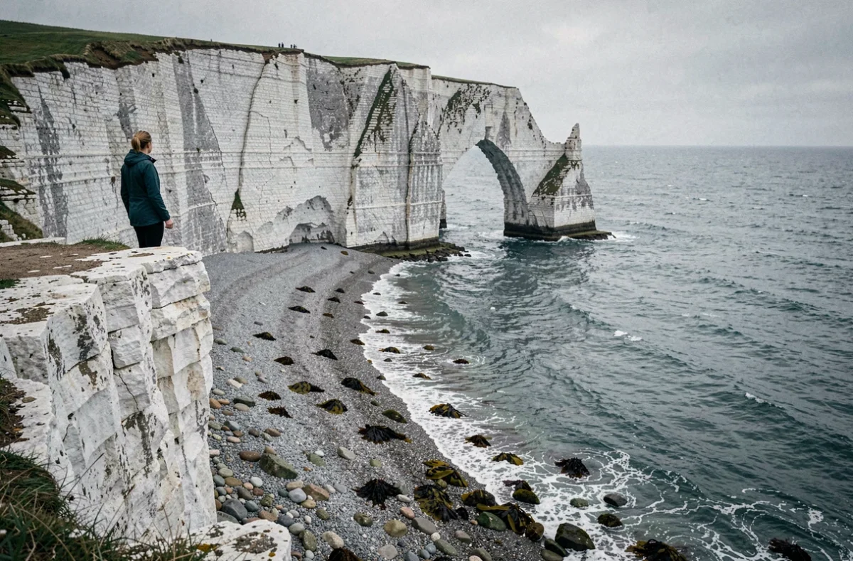 Falaises d'Étretat en Normandie avec une randonneuse au bord de la falaise illustrant l'étendue géographique et le littoral de la région