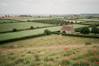Panorama de la campagne normande avec bocage, vergers et ferme en pierre illustrant la superficie et l'étendue de la région Normandie