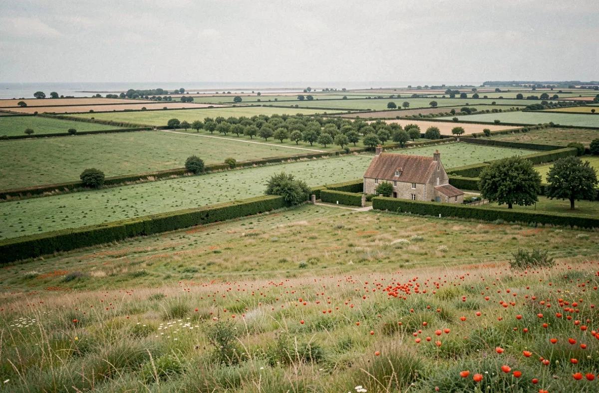 Panorama de la campagne normande avec bocage, vergers et ferme en pierre illustrant la superficie et l'étendue de la région Normandie