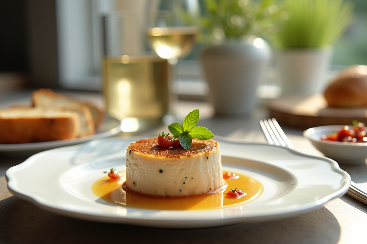 Table élégante avec foie gras et vin blanc