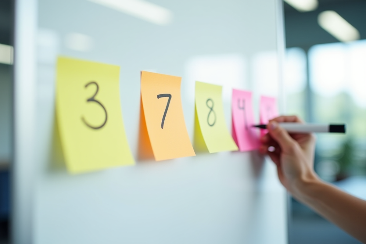 Cinq notes autocollantes colorées sur un tableau blanc en bureau