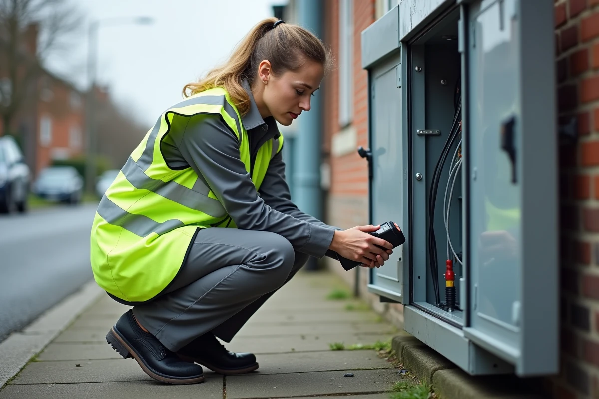 Technicienne fibre optique Sosh inspectant un boîtier de raccordement en extérieur dans une rue résidentielle