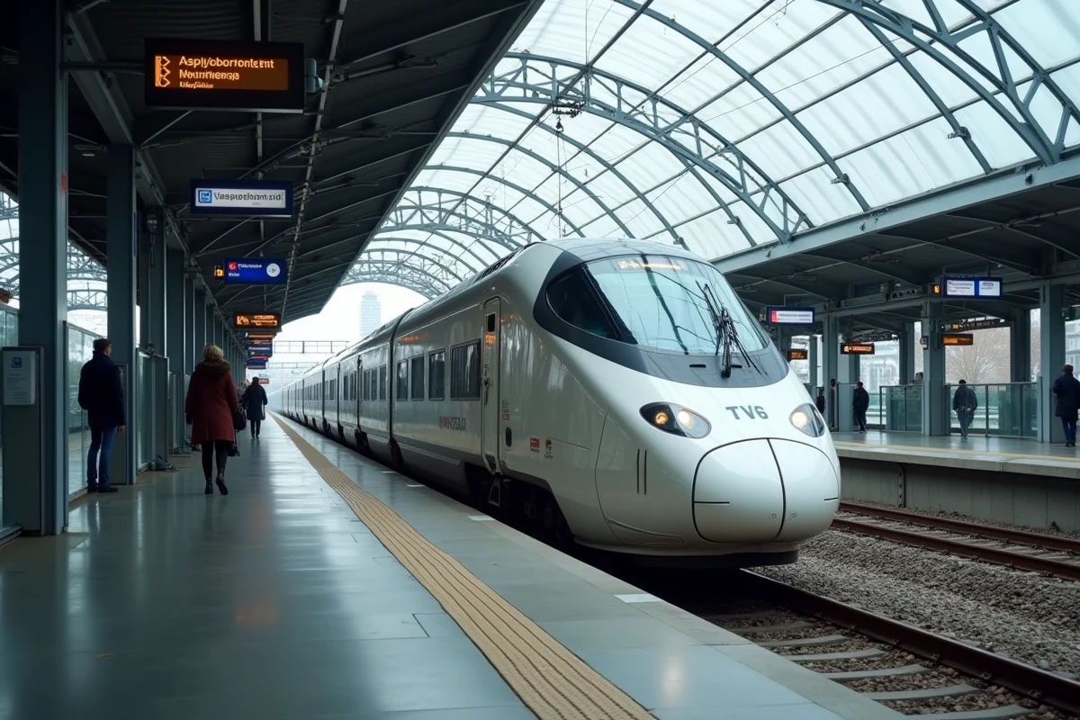 TGV moderne entrant en gare sur une nouvelle infrastructure ferroviaire dans le cadre des projets de transport 2026