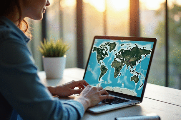 Personne utilisant un ordinateur avec une carte interactive dans un bureau lumineux