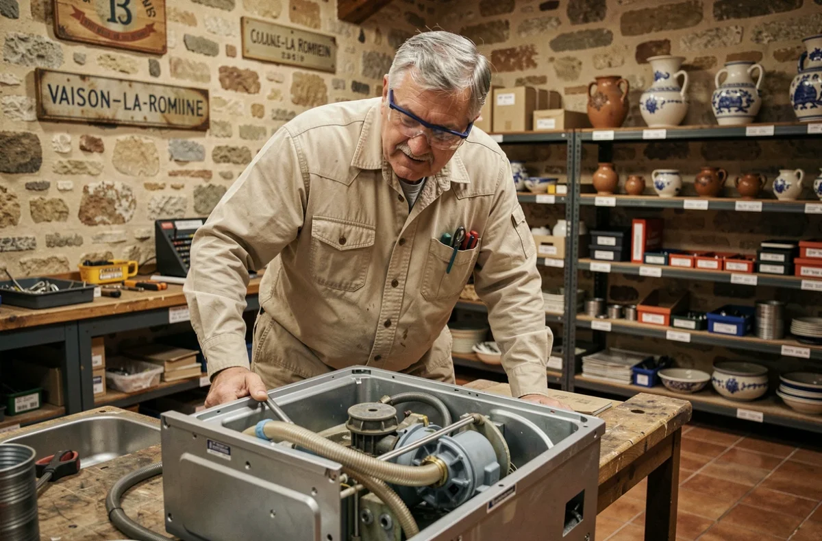 Technicien de Vaison Ménager Ets Brando réparant un lave-vaisselle dans une boutique de village provençal à Vaison-la-Romaine
