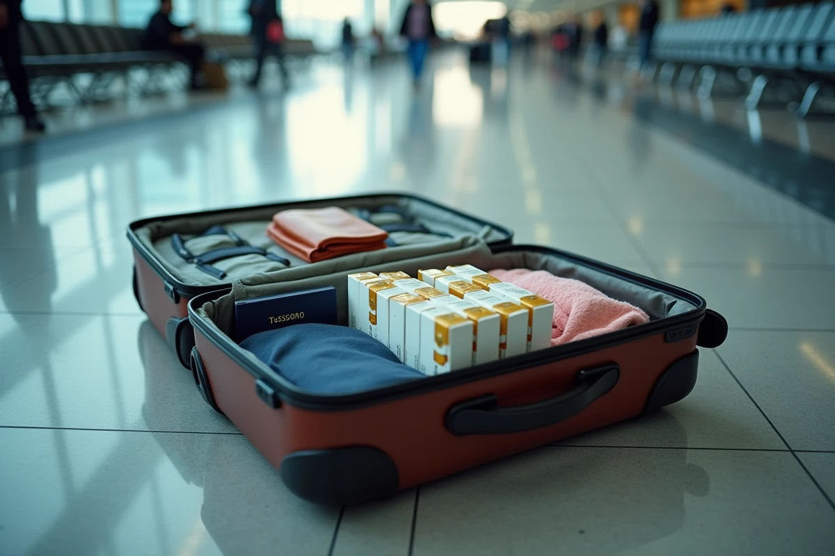 Valise ouverte contenant des cartouches de cigarettes et des effets personnels dans un aéroport, illustrant les quotas douaniers