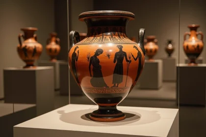 Vase grec antique à figures rouges représentant Héphaïstos à sa forge, exposé dans un musée archéologique