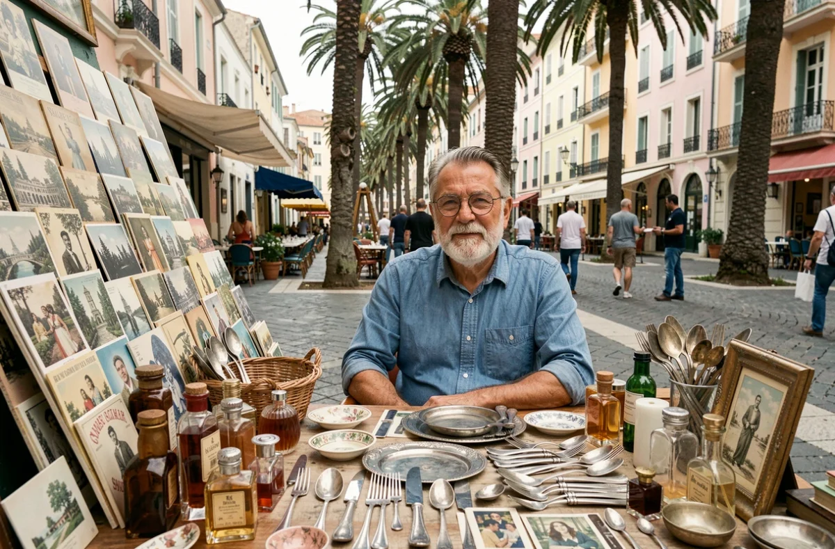 Vendeur de brocante assis derrière son étal de bibelots vintage sur le boulevard de Menton