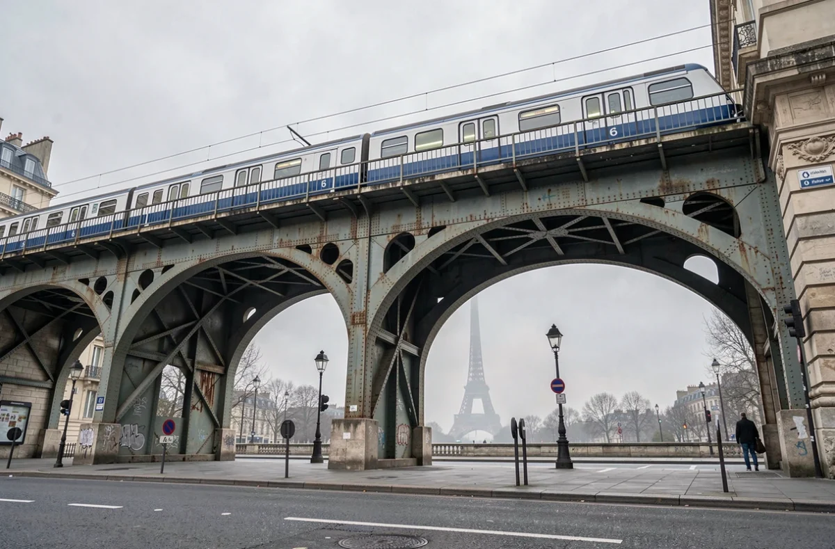 Viaduc aérien de la ligne 6 du métro parisien près de la station Bir-Hakeim avec la tour Eiffel en arrière-plan un jour de semaine