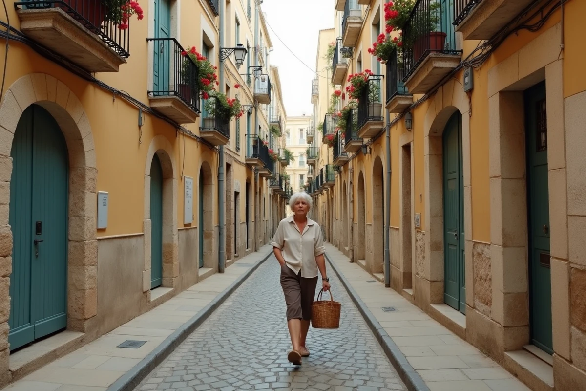 Rue pavée du vieux Sète avec balcons en fer forgé et volets colorés, décor authentique des rues filmées dans la série Demain nous appartient