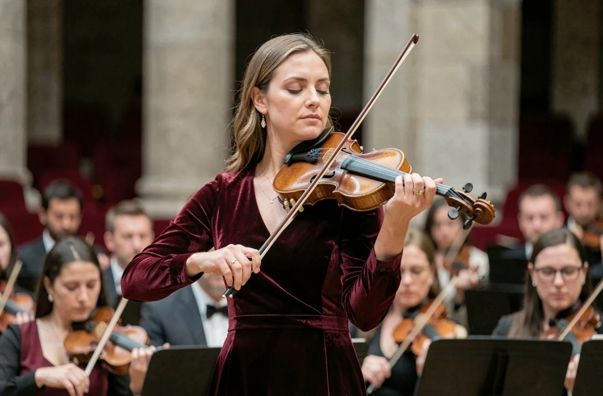 Violoniste en robe bordeaux jouant lors du concert symphonique du Nouvel An dans une salle de concert historique à Strasbourg
