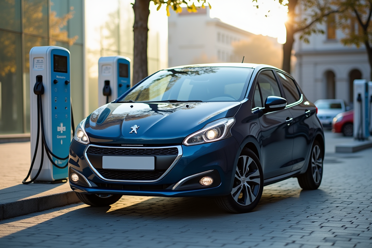 Peugeot 208 électrique stationnée en ville lors du jour